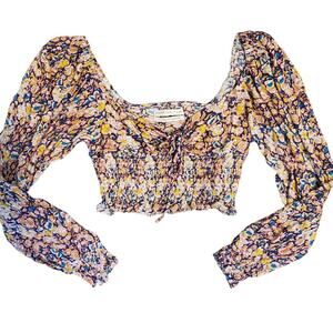 Urban Outfitters Colorful Floral Bohemian Crop Long Sleeve Off Shoulder Top